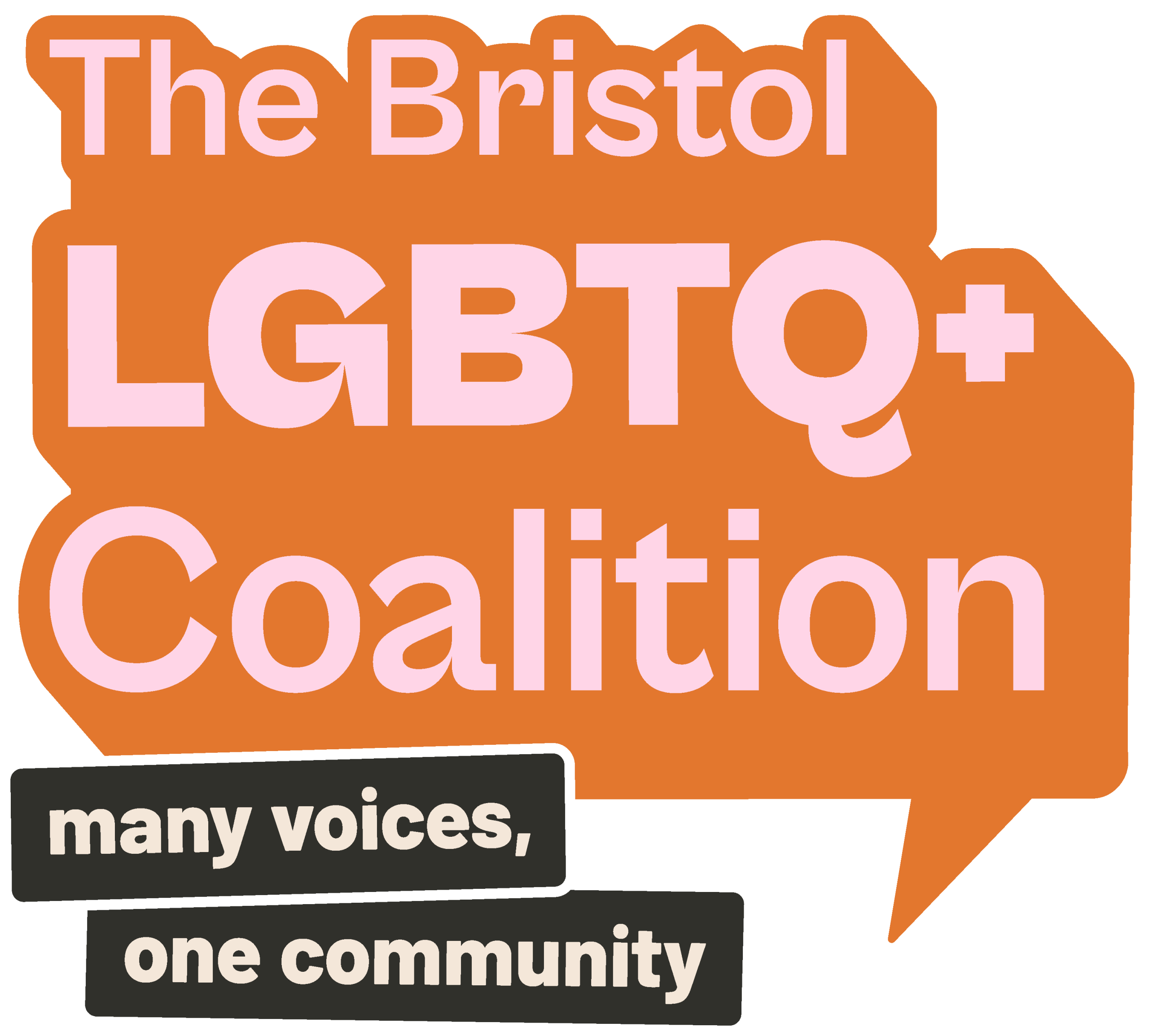 A stylised logo for The Bristol LGBTQ+ Coalition with the caption "Many voices, one community"